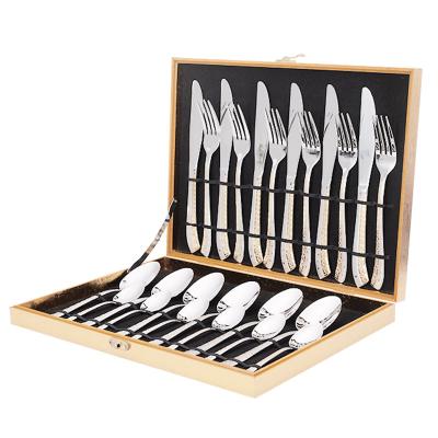 China High Quality Viable Mirror Top 24pcs Polish Gold Plated Fork Spoon Set Wooden Case Stainless Steel Cutlery Set for sale