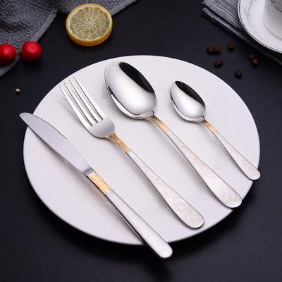 China Sustainable Design SS201 Laser Stainless Steel Spoon and Fork Set Gold Decorative Gold Plated Stainless Cutlery Set for sale