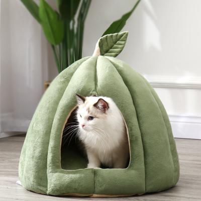 China New Arrival Indoor Washable Slip-resistant Winter Warm Leaf Pumpkin Tent Cat Plush Bed Warm Shape for sale