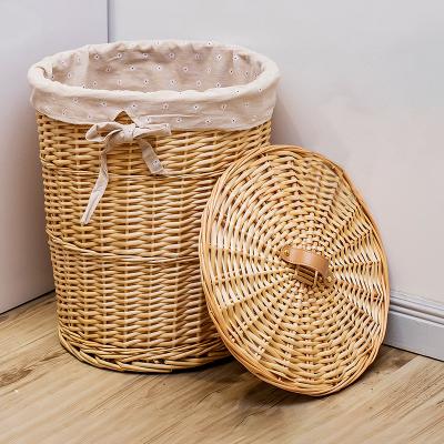 China Custom Round Laundry Willow Wicker Basket With Lid Dirty Clothes Storage Basket Viable With Soft Liner Fabric for sale