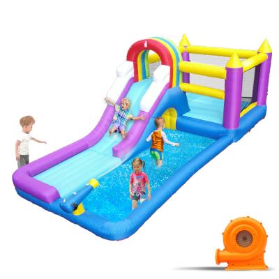 China Lightweight ; Easy Setup And Instant Inflation Rainbow Water Slides Inflatable Backyard Jumping Bouncer With Combo Bouncy Pool Castle With Slide for sale