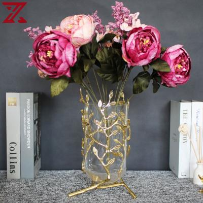 China Modern Customized Gold Tree Leaf Stand Glass Dried Flower Vases For Wedding Events Home Decor for sale