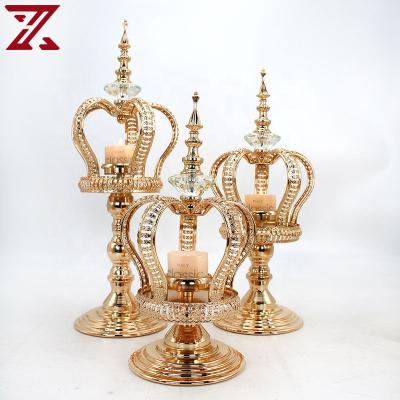 China Home Modern Metal Gold Decoration Crown Candlestick Crystal Candle Holder Centerpiece For Wedding Home Decoration for sale