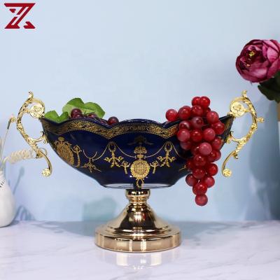 China Sustainable Gold Plating Luxury Glass Fruit Bowl With Metal Base Gold Printed Dish For Dinner Decoration for sale