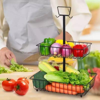 China Storage in Stocked 2-Tier Fruit Vegetable Basket Bowl with Banana Hanger Bread Snack Potato and Onion Storage Rack Vegetable Rack for sale