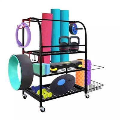 China Yoga Stocked Mat Rack Foam Roller Holder, Metal Sports Equipment Storage Rack with Sneakers&Wheels&Hooks for sale