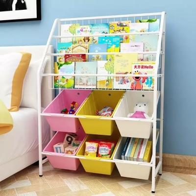 China New Design Kids Bedroom Book Shelves Bookcase Metal Toy Stacking Organization Rack with 8 Baskets for sale