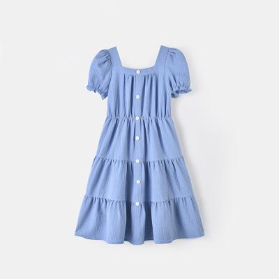 China Girls Anti-wrinkle Summer Generous Collar Princess Loose Casual Dress Shrink Long Bubble Skirt Quilting Short Sleeve Dress for sale