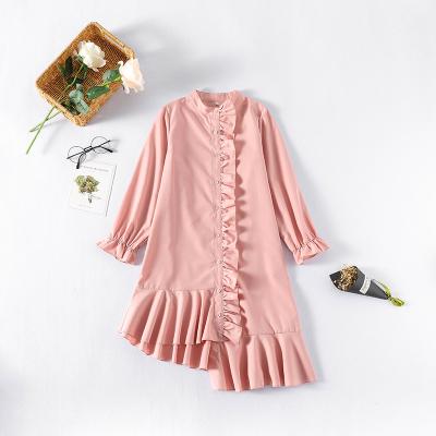 China Anti-wrinkle wavy edge front and back irregular ruffle trim single-breast button girls dress for sale