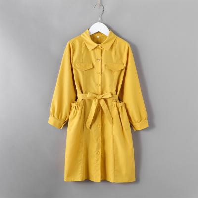 China Autumn Fashion Girls Button Shirt Dress Anti-Wrinkle Straight Pocket Drawstring Long Sleeve Mini Dress for sale