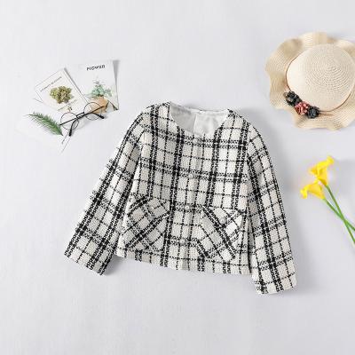 China Girls' Plaid Jacket Autumn And Winter All-match Short Black And White Collarless Tweed Woven Short Jacket Windproof Small for sale