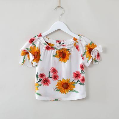 China Anti-wrinkle Summer Leisure Sun Flower Printed Chiffon Off Shoulder Girls Blouse for sale