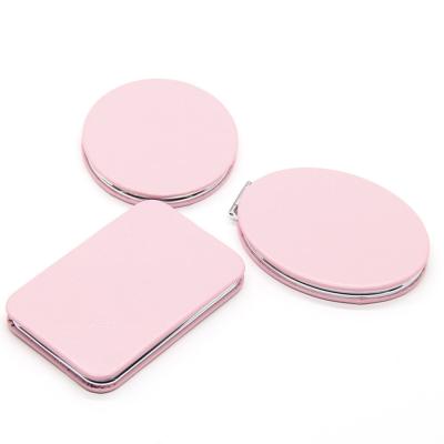 China Logo Printing Makeup Mini Mirror Fashion Customized Customized Small Round Side Double Sided PU Double Fold Mirror Pendant Girls Pink for sale