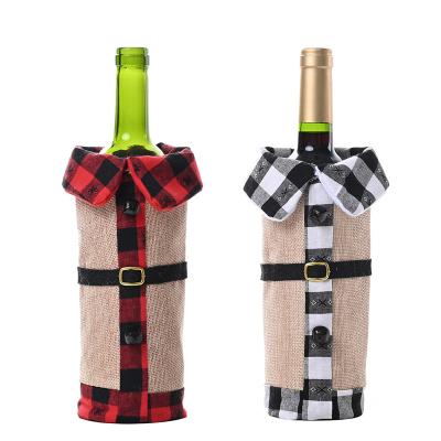 China New Table Decoration Burlap Plaid Clothes Wine Bottle Cover For Christmas Decorations Dinner Party Decor for sale