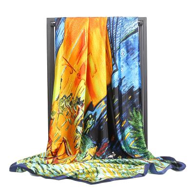 China 90*90cm Long Big Square Scarf Van Gogh Oil Painting Rain Alley Printing Silk Scarf Female for sale