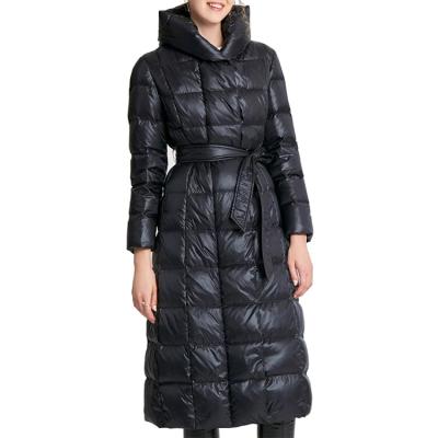 China Breathable High End Customized Over Knee Puffer Black Hood Lace-up Winter Long Down Jacket Women for sale