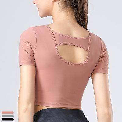 China Breathable Gym Exercise T-shirts For Women Women Beauty Back Shortsleeve Yoga T-shirts Crop Sports Tight T-shirt for sale