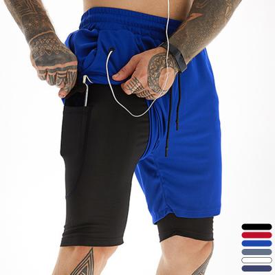 China Anti-Wrinkle Wear Sports Men's Running Shorts Phone Pocket Polyester Shorts Quick Dry Basics 2 In 1 Gym Shorts for sale