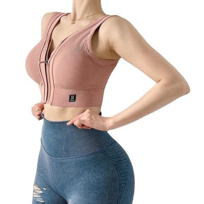 China Shockproof Breathable Women's Sports Wear Box Gathering Yoga Back Shape Gym Zipper Running Bra Vest for sale