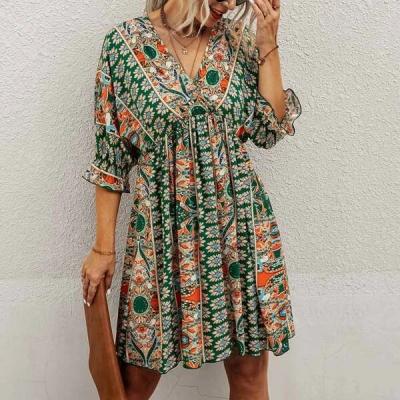 China Summer Women's Viable Ruffle Slit V-neck Sexy Short Flowy Short Long Wrap Sleeve Maxi Dress Casual Boho Floral Wrap Sleeve Print Waist-Bloody Dress for sale