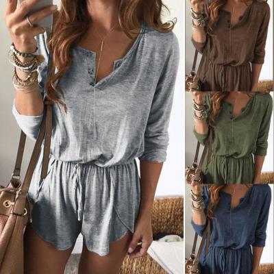 China Amazon regular ebay hot selling European and American women's pure color long sleeve shorts lace-up overalls for sale