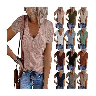 China Summer European Border Women's Regular 2022 New Button Vest Solid Color V-collar Sleeve T-shirt Short Tops And American for sale