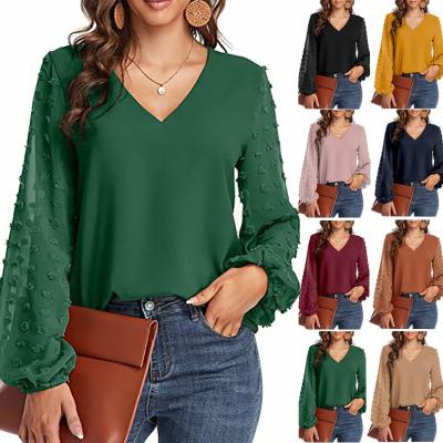 China 2022 Summer Border Women's Chiffon V-Neck Regular Spliced ​​Woolen Big Ball Sleeve Top Women Long for sale