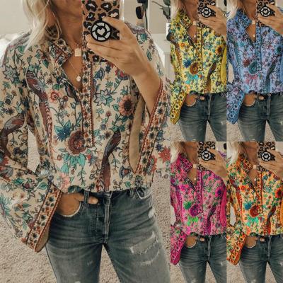 China New Amazon eBay Viable Peacock Printing Long Sleeve Shirt Button Loose Shirt for sale