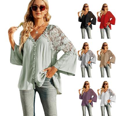 China Breathable Women's Long Sleeve Plain V Pullover Hotsale Blouse Summer Chiffon Blouse Shirt for sale