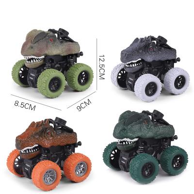 China 4 Multi Style Shockproof Springs Pull Back Plastic Dinosaur Toys Mini Four Wheel Off Road Vehicle Dinosaur Friction Stunt Car for sale