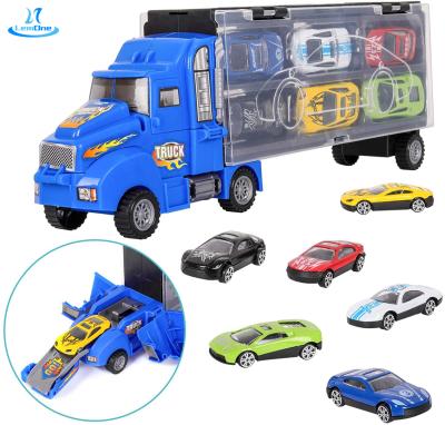 China Pull Back Car Amazon Hot Selling Model Toy Truck With 12 Mini Racing Cars Double-Side Storage Design Die Cast Truck For Kids Play for sale