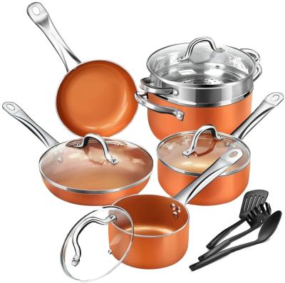 China Viable copper color 10 piece compound wok bottom pan, soup pot, kitchen utensils, cookware set for sale