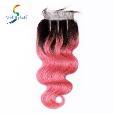 China No Tangle Wholesale Virgin Hair Body Wave 4*4 Top Lace Closure Color 1b/pink for sale