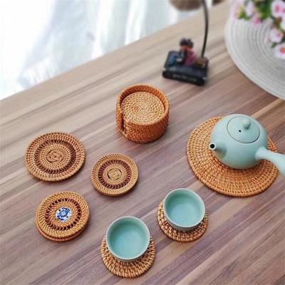 China Sustainable High Quality Wholesale Hand - Woven Coffee Tea Cup Coaster White Natural Rattan Round Place Mats for sale