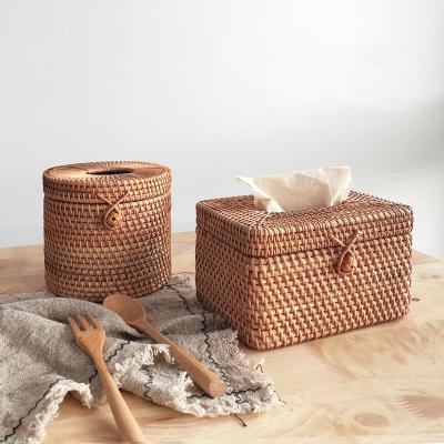 China High Quality Handmade Natural Rattan Wicker Woven Tissue Storage Basket Rectangle Round Tissue Box for sale