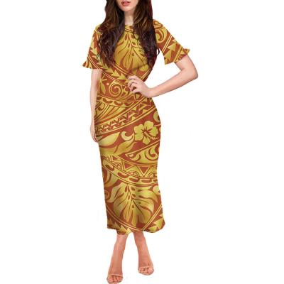 China OEM/ODM vestido vestido anti-static short sleeve drop dress hawaiian tribal orange hibiscus Monstera printed plus size custom women's dresses for sale