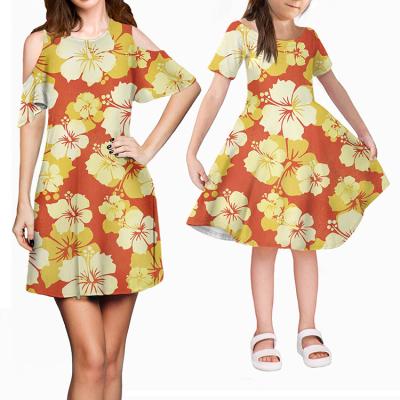 China Anti-Static Summer Dress Samoa Green Pattern With Blue Hibiscus Stylish Kids Party Wear Dresses For Girls Chill Plus Size Dress for sale