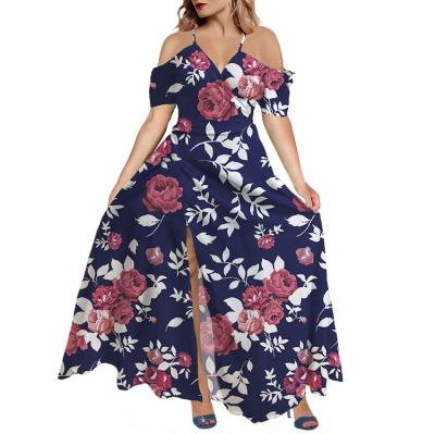 China OEM Breathable Women's Deep V Neckline Split Belted Dresses Vintage Rose Black Pattern Women Maxi Dress 2021 Women Casual Outfits for sale