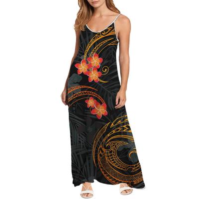 China Anti-Static V-Neck Beach Long Dress OEM Tropical Flower Hibiscus Long Dress Even Polynesian Style Boho Maxi Casual Dresses for sale