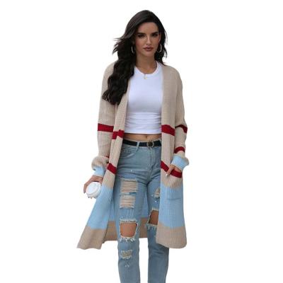 China Custom Fashion Colorblock New OEM/ODM Anti-wrinkle Women's Long Sweaters 2021 Collarless Cardigan Sweater Pocketed Women's Sweaters for sale