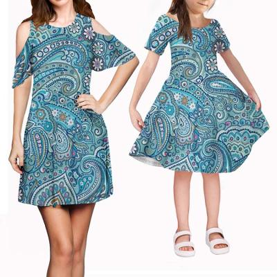 China Beautiful QUICK DRY family suit 2021 new products summer mother and daughter suit casual dress style paisley pattern dress skirt tribal blue for sale