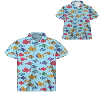 China QUICK DRY Vintage Shirts Men Clothes Casual For Mens Shirts For Baby Boy Cute Cartoon Tropical Fish Pattern Dad And Son Blue Assortment for sale