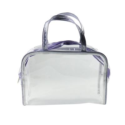 China Custom clear travel cosmetic beauty bag full transparency PU bag PVC handle makeup bag ladies pockets for sale