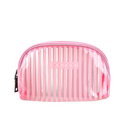 China Clear Zipper Closure OEM Pink Stripe Portable Cosmetic Pouch Make Up Bag With Zipper for sale