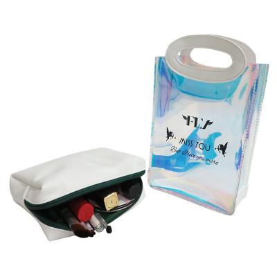 China Eco-friendly Cosmetic Bag 2 in 1 Laser Clear PVC Makeup Bag with Mini PU Zipper Pouch for sale