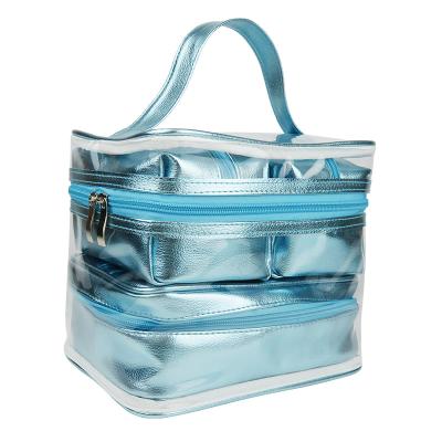 China Clear Cosmetic Bag Set Logo Custom Fashionable 3 in 1 Cosmetic Organizer Pouch Blue Make Up Bag Set for sale