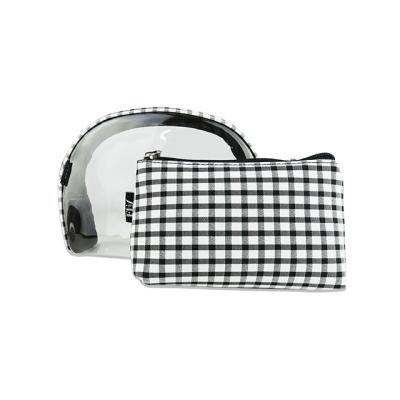 China High Quality Custom Logo 2 In 1 Clear PVC Makeup Beauty Pouch With Canvas Checkered Cosmetic Bag for sale