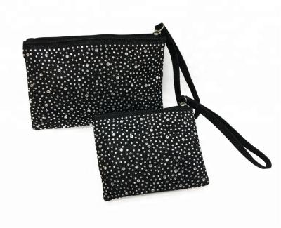 China Zipper Closure 2 Size Black Cosmetic Clutch Custom Canvas Makeup Bag With Rhinestone for sale