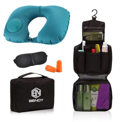 China Amazon Eco-Friendly New Hot Selling Airplane Bag Travel Set Kit Push Button Inflatable Neck Pillow and Toiletry Storage for sale