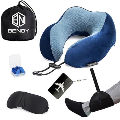 China Amazon Hot Sale Luxury Airplane Memory Foam Neck Travel Pillow Set Travel Kit With Foot Hammock Luggage Tag for sale